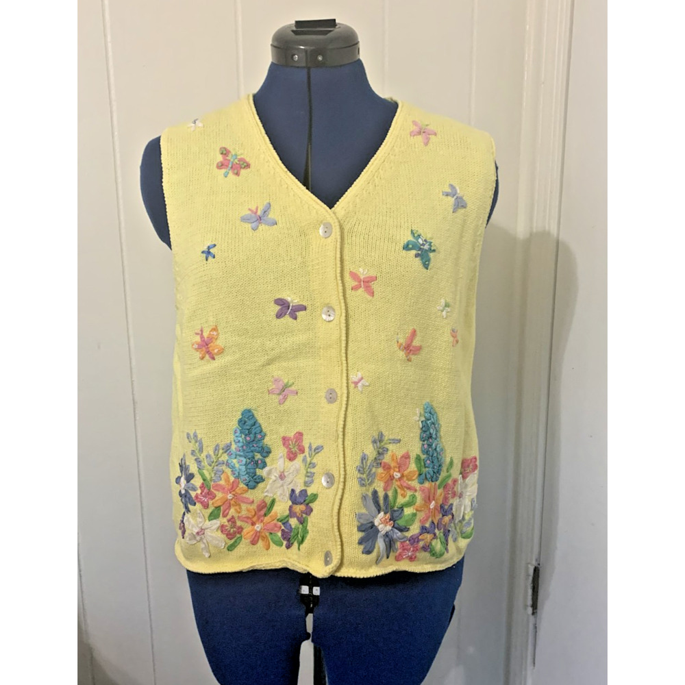 Susan Bristol Sweater Sleeveless Cardigan Yellow Hand embroidered Large Artsy